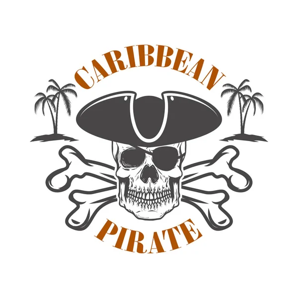 Pirata Dei Caraibi Emblema Con Teschio Corsaro Ossa Incrociate Elemento — Vettoriale Stock