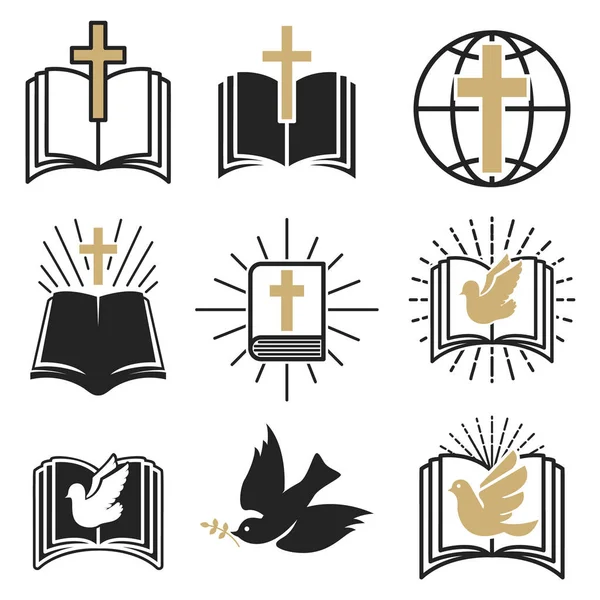 Conjunto Signos Religiosos Cruza Con Paloma Espíritu Santo Biblia Elementos — Vector de stock