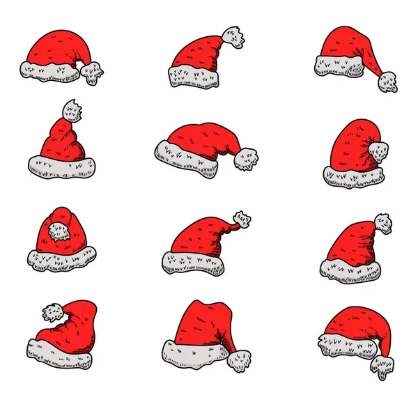 Conjunto Sombreros Papá Noel Tema Navidad Elemento Diseño Póster Tarjeta — Vector de stock