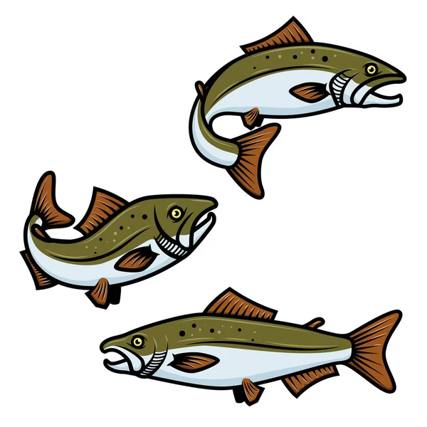 Sada Barevných Losos Ryby Znamení Bílém Pozadí Lov Pstruhů Návrh — Stockový vektor