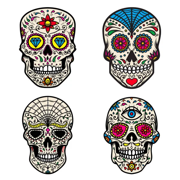 Set Colorful Sugar Skull Isolated White Background Day Dead Design — Stock Vector