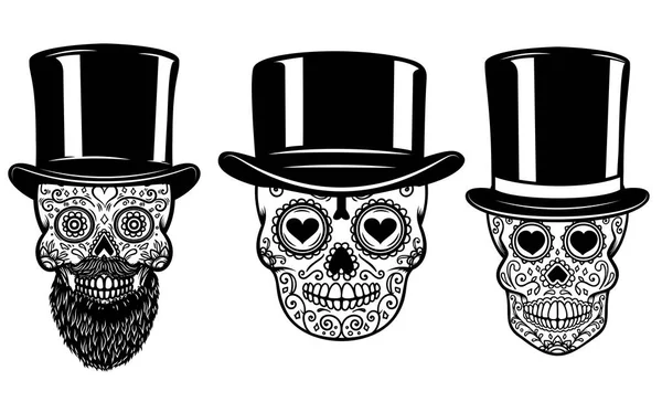 Conjunto Calavera Azúcar Mexicana Sombrero Vintage Gafas Sol Día Muerte — Vector de stock