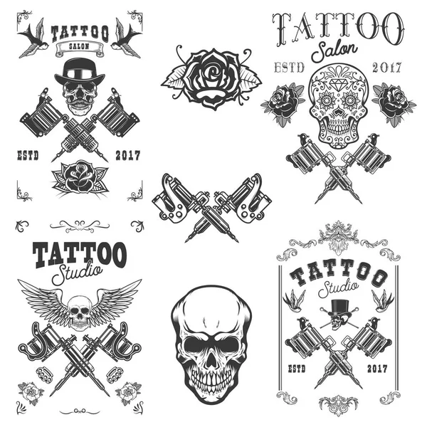 一套纹身工作室标志 设计元素的标志 向量例证 — 图库矢量图片