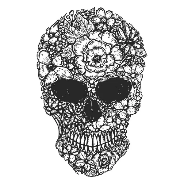 Crâne Humain Dessiné Main Fait Fleurs Crâne Botanique Elément Design — Image vectorielle