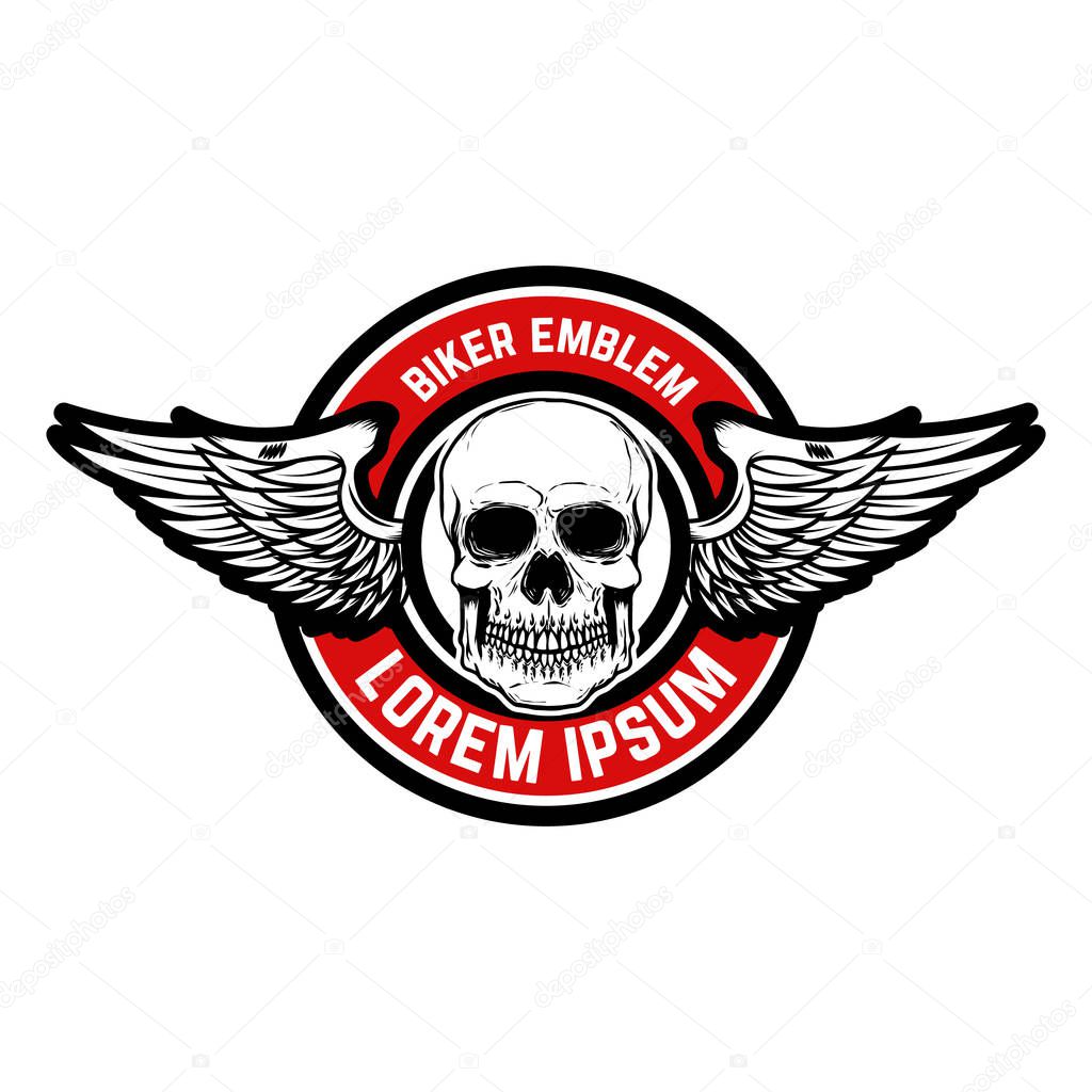 Template of the emblem of racer club. Skull with wings. Design element for logo, label, badge, sign. Vector illustration