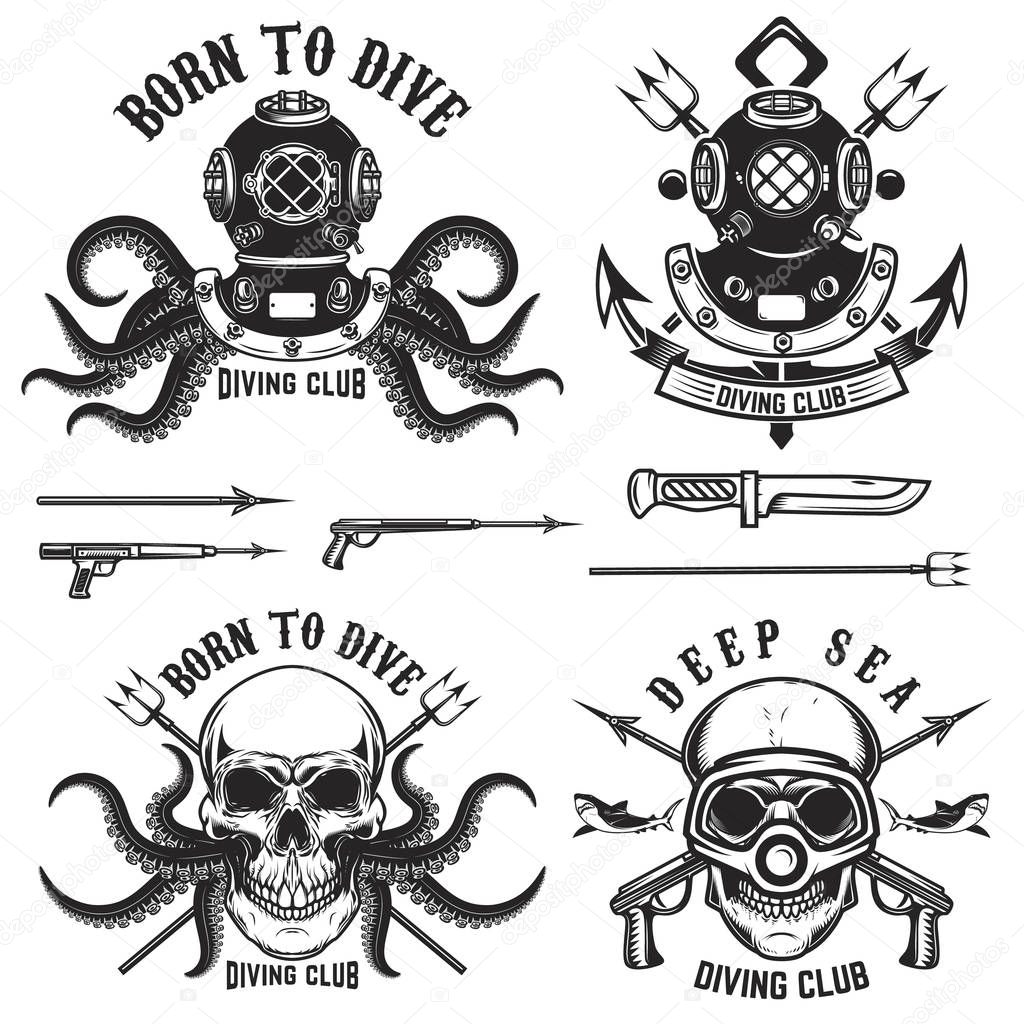 Born to dive. Set of vintage diver helmets, diver label templates and design elements.  Design elements for logo, label, emblem, sign, badge, brand mark. Vector illustration.