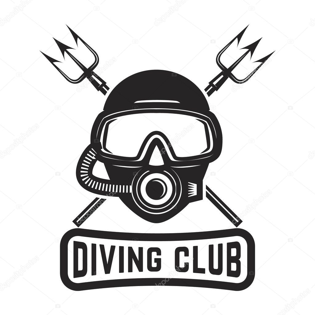 Diving club. Diver mask with crossed tridents. Design element for logo, label, sign. Vector illustration