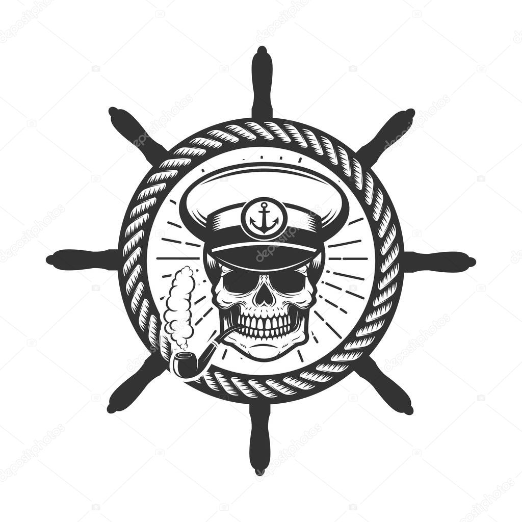 Skull in boat captain hat. Design element for logo, label, emblem, sign.Vector illustration