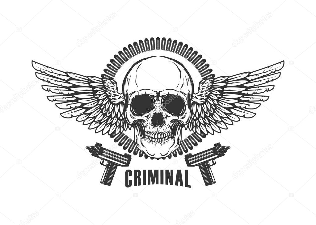 Winged skull with handguns. Design element for logo, label, emblem, sign, t shirt. Vector illustration