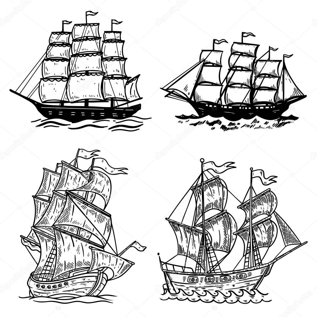 Set of sea ship illustrations isolated on white background. Design element for poster, t shirt, card, emblem, sign, badge, logo. Vector image