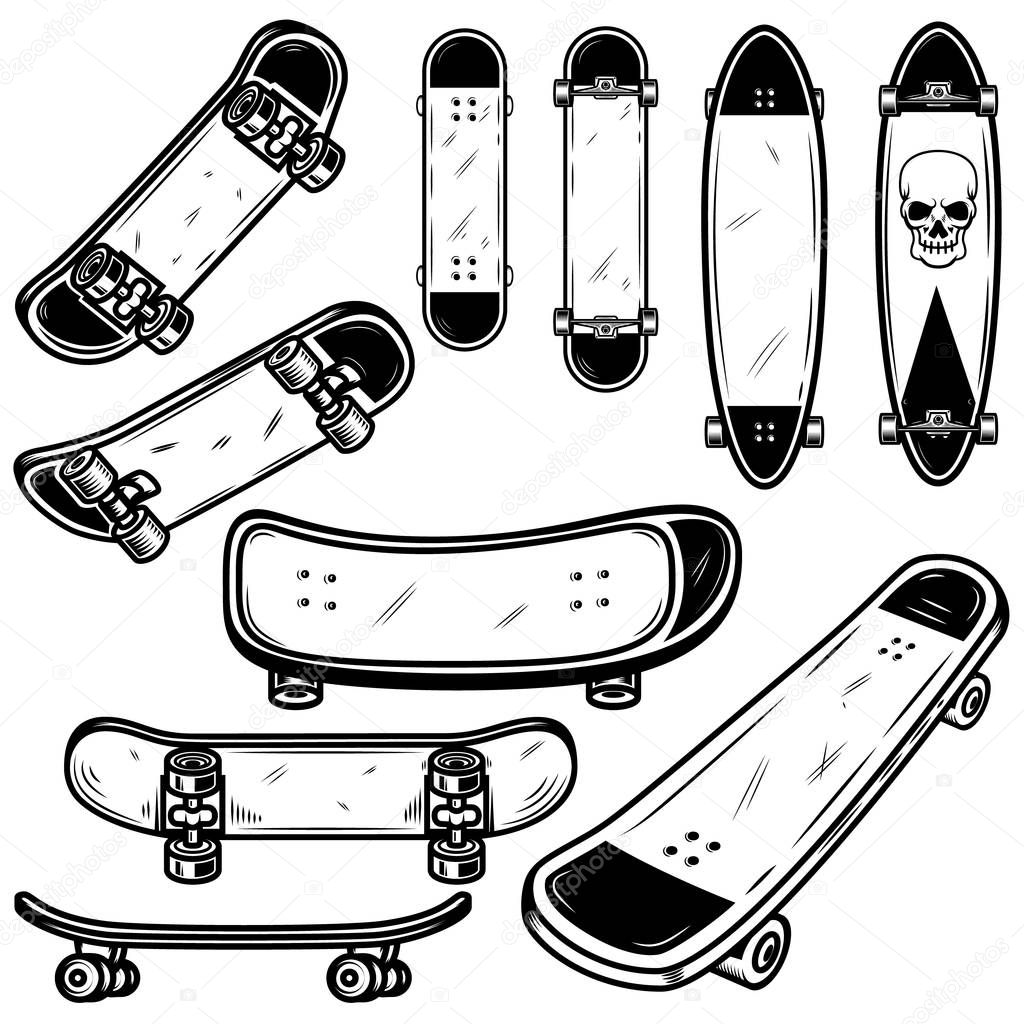 Set of skateboard and longboard illustrations on white background. Design element for logo, label, emblem, sign, badge, t shirt, poster. Vector image