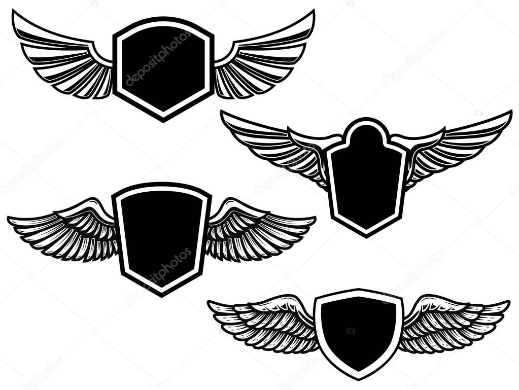 Set of winged emblems. Design element for poster, logo, label, sign, t shirt. Vector illustration