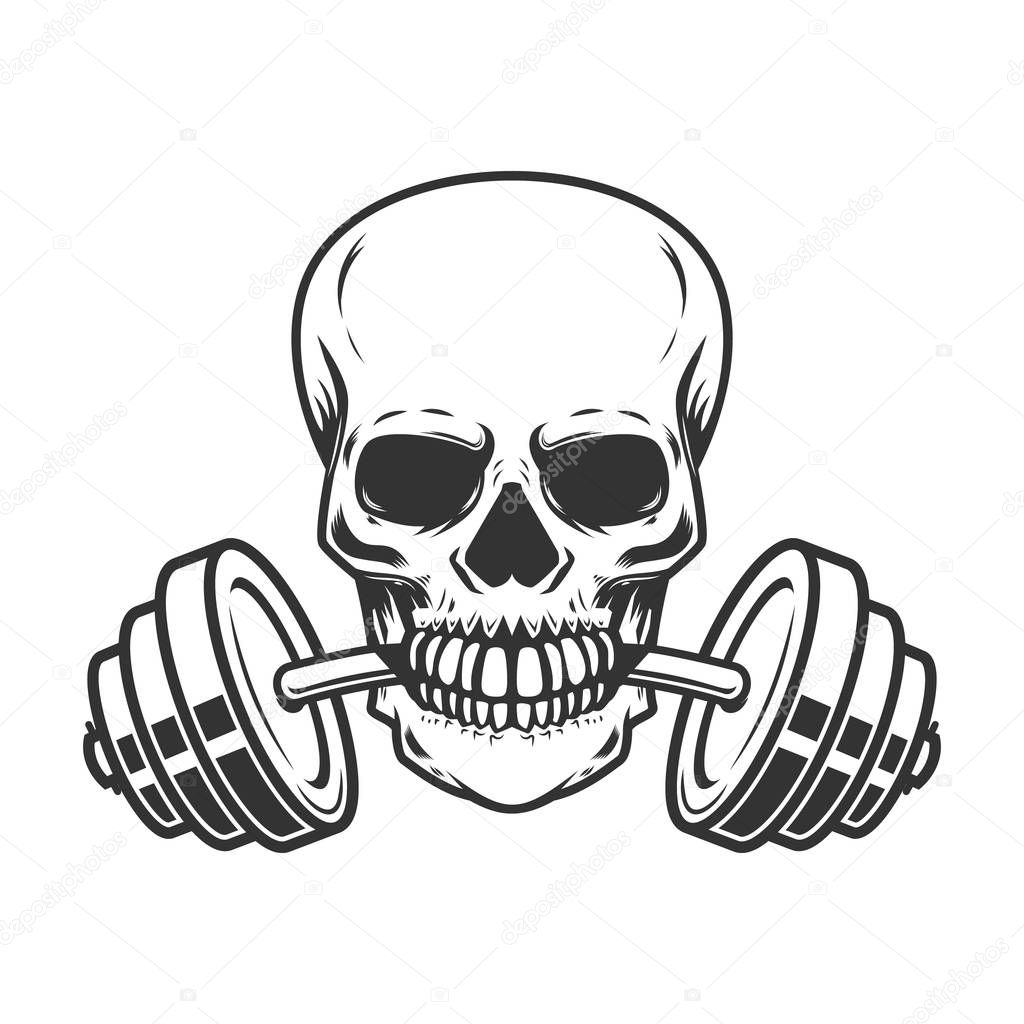 Skull with barbell in teeth. Design element for gym logo, label, emblem, sign, poster, t shirt. Vector image