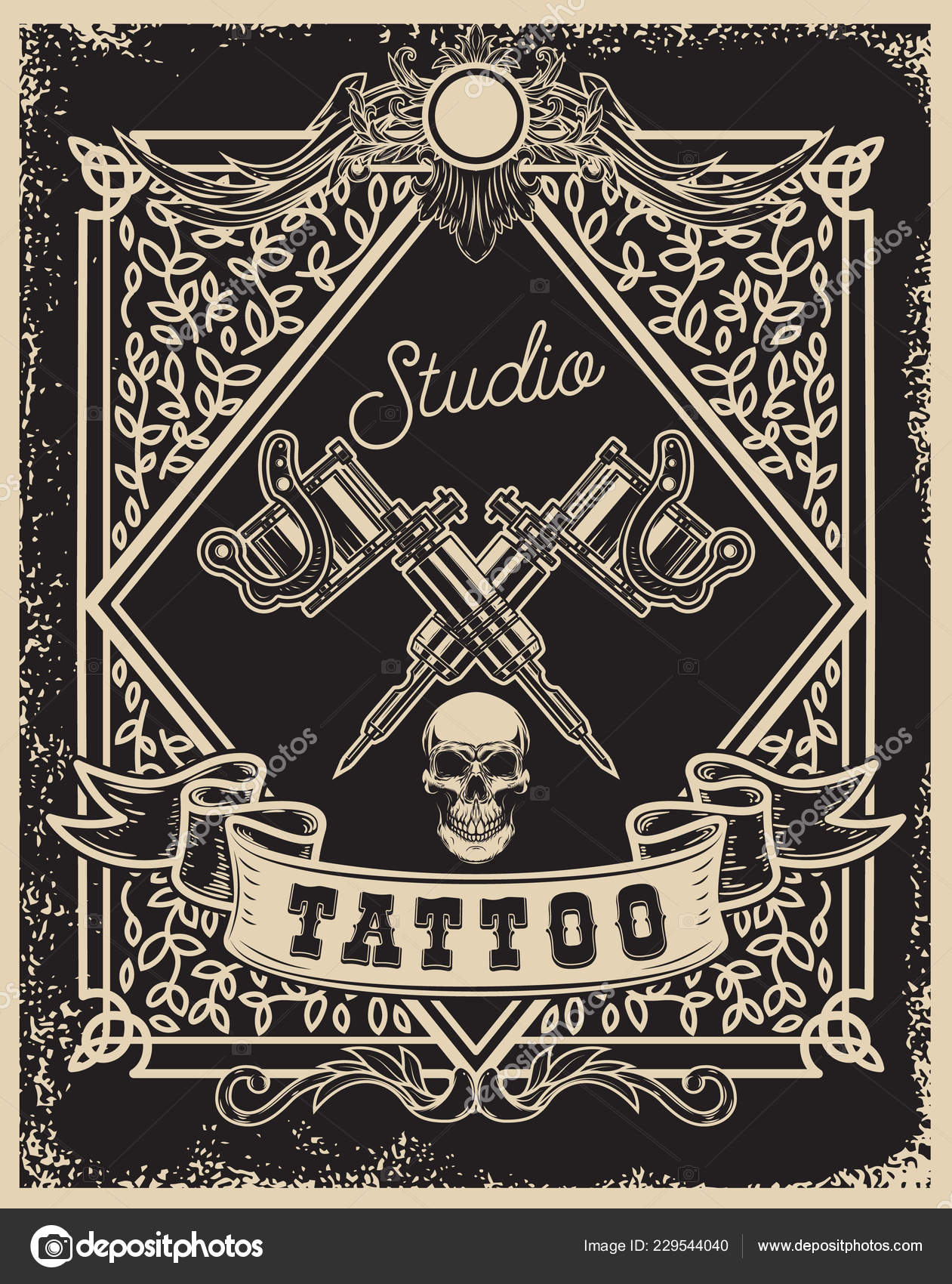 Modelo Cartaz Estúdio Tatuagem Máquinas Tatuagem Cruzadas Com Crânio Para  Vetor de ©art-l@i.ua 229544040, image size:1261x1700