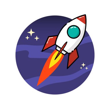 Beyaz arka plan üzerinde izole düz stilde uzay roketi. Vektör çizim