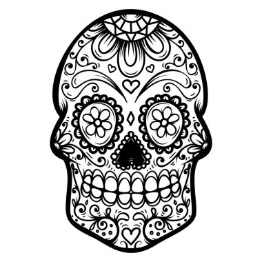 Beyaz arka plan üzerinde izole şeker kafatası. Ölülerin günü. Dia de los muertos. Tasarım öğesi kartý, poster, afiş, yazdırma için. Vektör çizim