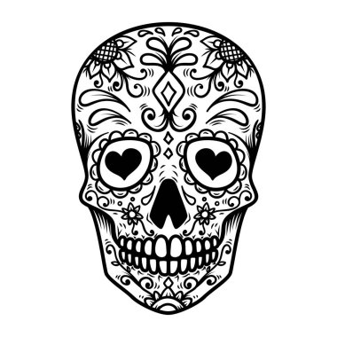 Beyaz arka plan üzerinde izole şeker kafatası. Ölülerin günü. Dia de los muertos. Tasarım öğesi kartý, poster, afiş, yazdırma için. Vektör çizim