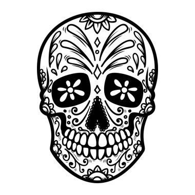 Meksika şeker kafatası Illustration. Ölülerin günü. Dia de los muertos. Tasarım öğesi için logo, etiket, arma, işaret, poster, t gömlek. Vektör çizim