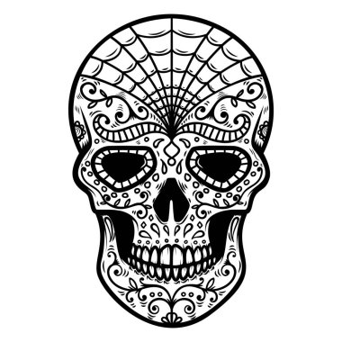 Meksika şeker kafatası Illustration. Ölülerin günü. Dia de los muertos. Tasarım öğesi için logo, etiket, arma, işaret, poster, t gömlek. Vektör çizim