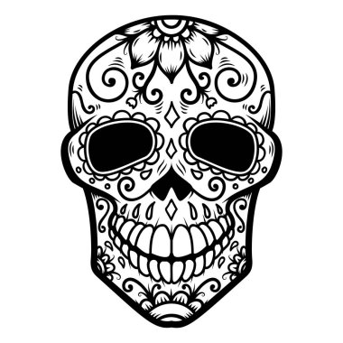 Meksika şeker kafatası Illustration. Ölülerin günü. Dia de los muertos. Tasarım öğesi için logo, etiket, arma, işaret, poster, t gömlek. Vektör çizim