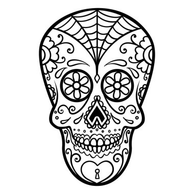 Meksika şeker kafatası Illustration. Ölülerin günü. Dia de los muertos. Tasarım öğesi için logo, etiket, arma, işaret, poster, t gömlek. Vektör çizim