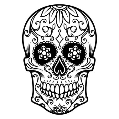 Meksika şeker kafatası Illustration. Ölülerin günü. Dia de los muertos. Tasarım öğesi için logo, etiket, arma, işaret, poster, t gömlek. Vektör çizim
