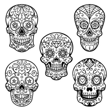 Beyaz arka plan üzerinde izole renkli şeker kafatası kümesi. Ölülerin günü. Tasarım öğesi kartý, poster, afiş, yazdırma için. Vektör çizim