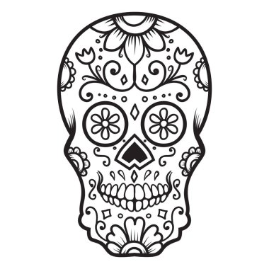 Beyaz arka plan üzerinde izole şeker kafatası. Ölülerin günü. Dia de los muertos. Tasarım öğesi kartý, poster, afiş, yazdırma için. Vektör çizim
