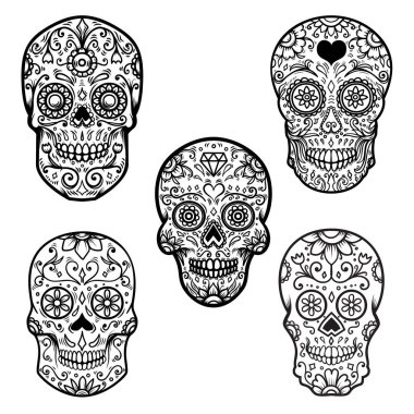 Beyaz arka plan üzerinde izole renkli şeker kafatası kümesi. Ölülerin günü. Dia de los muertos. Tasarım öğesi kartý, poster, afiş, yazdırma için. Vektör çizim