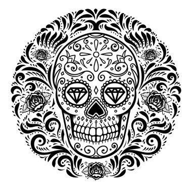 Meksika şeker kafatasları çiçek desenli arka plan ile. Ölülerin günü. Tasarım poster, tebrik kartı, afiş, t gömlek, afiş, amblem için öğe. Vektör çizim