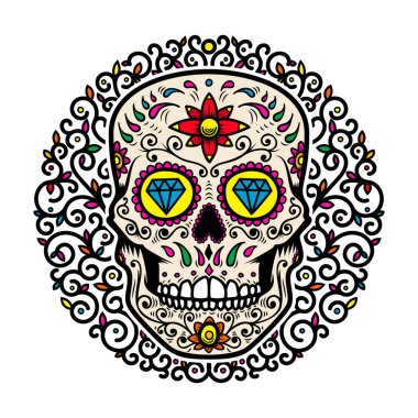 Meksika şeker kafatasları çiçek desenli arka plan ile. Ölülerin günü. Tasarım poster, tebrik kartı, afiş, t gömlek, afiş, amblem için öğe. Vektör çizim