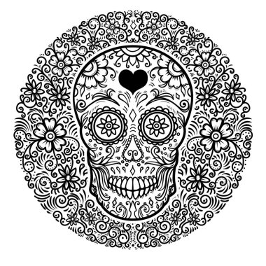 Meksika şeker kafatasları çiçek desenli arka plan ile. Ölülerin günü. Tasarım poster, tebrik kartı, afiş, t gömlek, afiş, amblem için öğe. Vektör çizim
