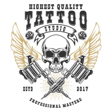Tattoo studio poster şablonu. Çapraz dövme makineleri ile kanatlı kafatası. Tasarım öğesi logosu, etiket, arma, işaret, poster için. Vektör çizim