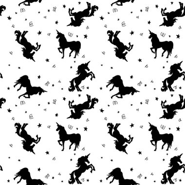 Tek boynuzlu atlar ve yıldız ile Seamless modeli. Tasarım öğesi paketi, giysi dekorasyon, poster, afiş, el ilanı için. Vektör çizim 