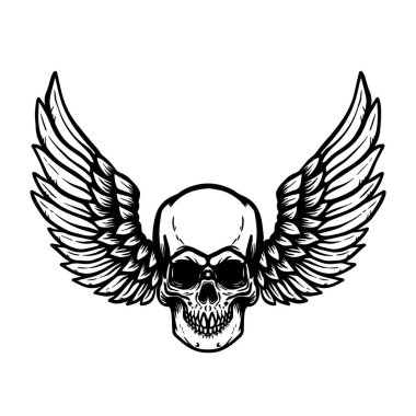 El çizimi kanatlı insan kafatası çizilmiş. Tasarım öğesi için poster, işaret, amblem, rozet, t gömlek. Vektör görüntü