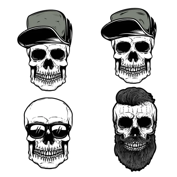 Conjunto Cráneo Gorras Béisbol Elemento Diseño Para Póster Camiseta Emblema — Vector de stock