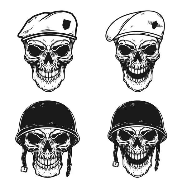 一套士兵头骨在战斗头盔和伞兵贝雷帽 设计元素的标志 向量例证 — 图库矢量图片