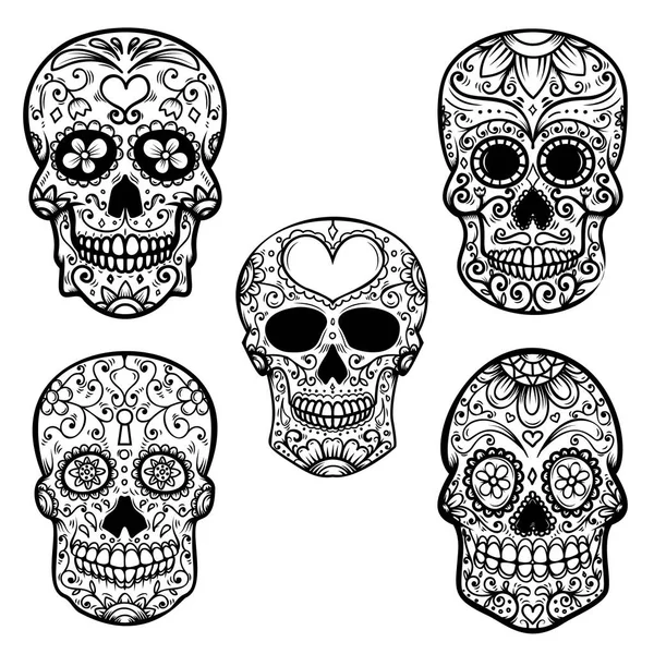 Set Sugar Skull Isolated White Background Day Dead Design Element — Stock Vector