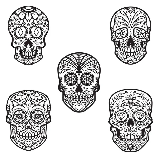 Set Sugar Skull Isolated White Background Day Dead Design Element — Stock Vector