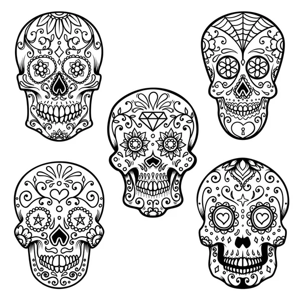 Set Colorful Sugar Skull Isolated White Background Day Dead Design — Stock Vector