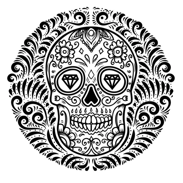 Calaveras Azúcar Mexicana Con Fondo Patrón Floral Día Muerte Elemento — Vector de stock