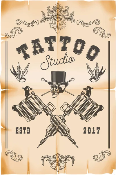 Tatuaggio Modello Poster Studio Teschio Con Macchine Tatuaggio Incrociate Sfondo — Vettoriale Stock