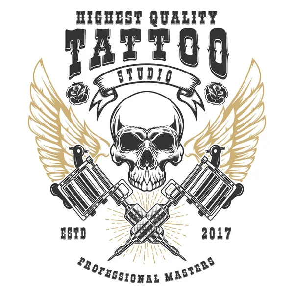 Tattoo Stúdió Reklámplakát Elkészítéséhez Szárnyas Koponya Keresztezett Tetováló Gépek Design — Stock Vector