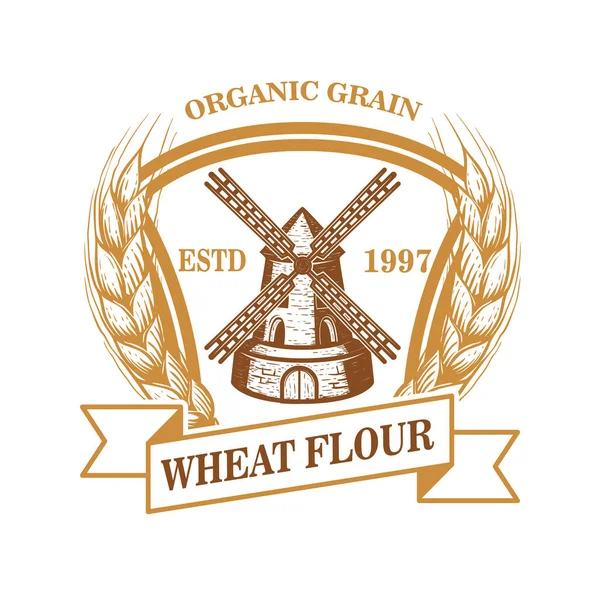 Wheat Flour Label Template Wind Mill Design Element Logo Emblem — Stock Vector