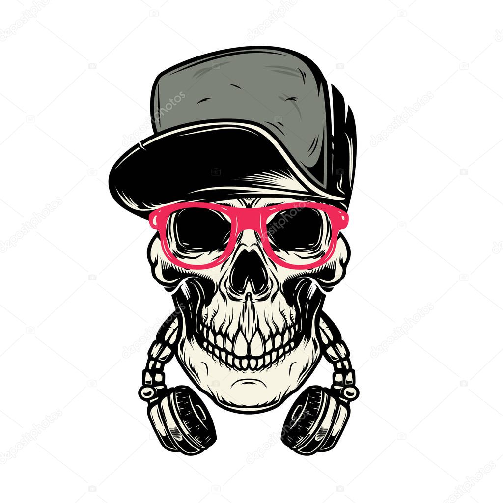 skull with headphones. Design element for poster, card, emblem, sign banner. Vector image
