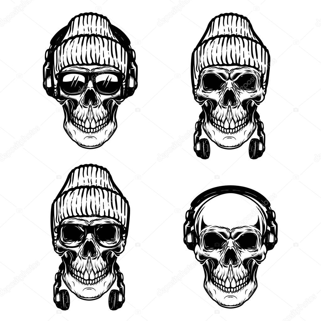 Set of human skulls with headphones. Design elements for t shirt, poster, emblem, sign. Vector illustration