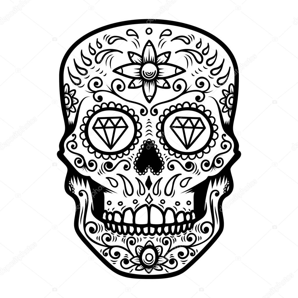 Illustration of mexican sugar skull. Day of the dead. Dia de los muertos. Design element for logo, label, emblem, sign, poster, t shirt. Vector illustration
