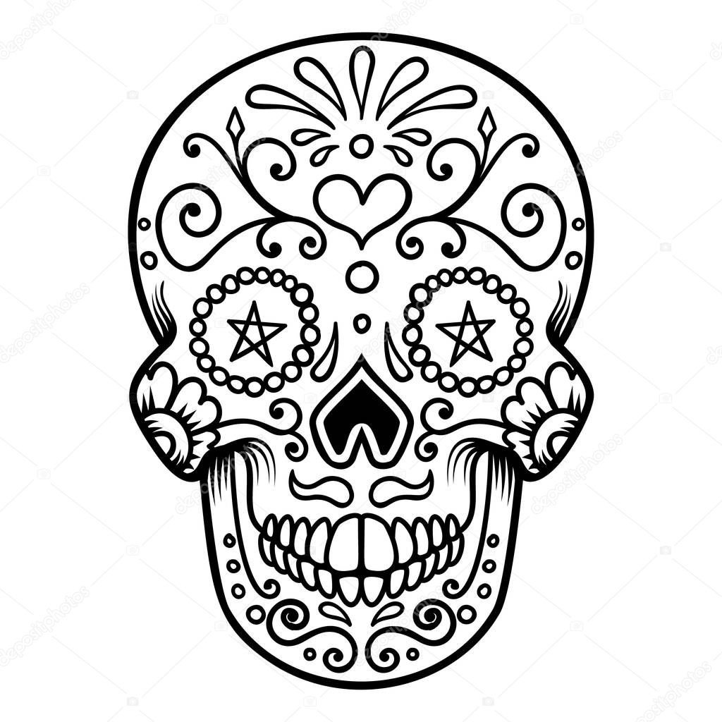 Sugar skull isolated on white background. Day of the dead. Dia de los muertos. Design element for poster, card, banner, print. Vector illustration
