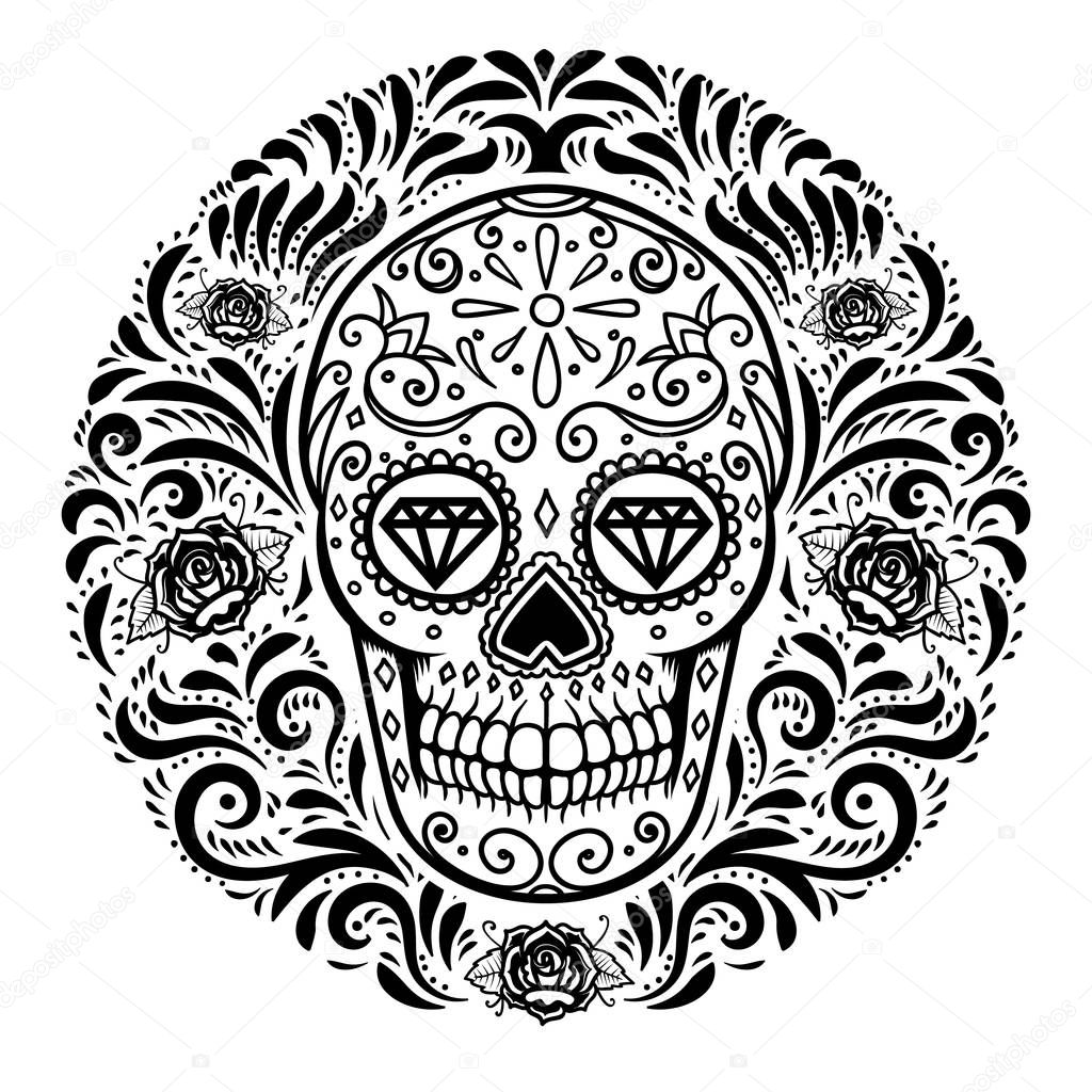 mexican sugar skulls with floral pattern background. DAY OF THE DEAD. Design element for poster, greeting card, banner, t shirt, flyer, emblem. Vector illustration