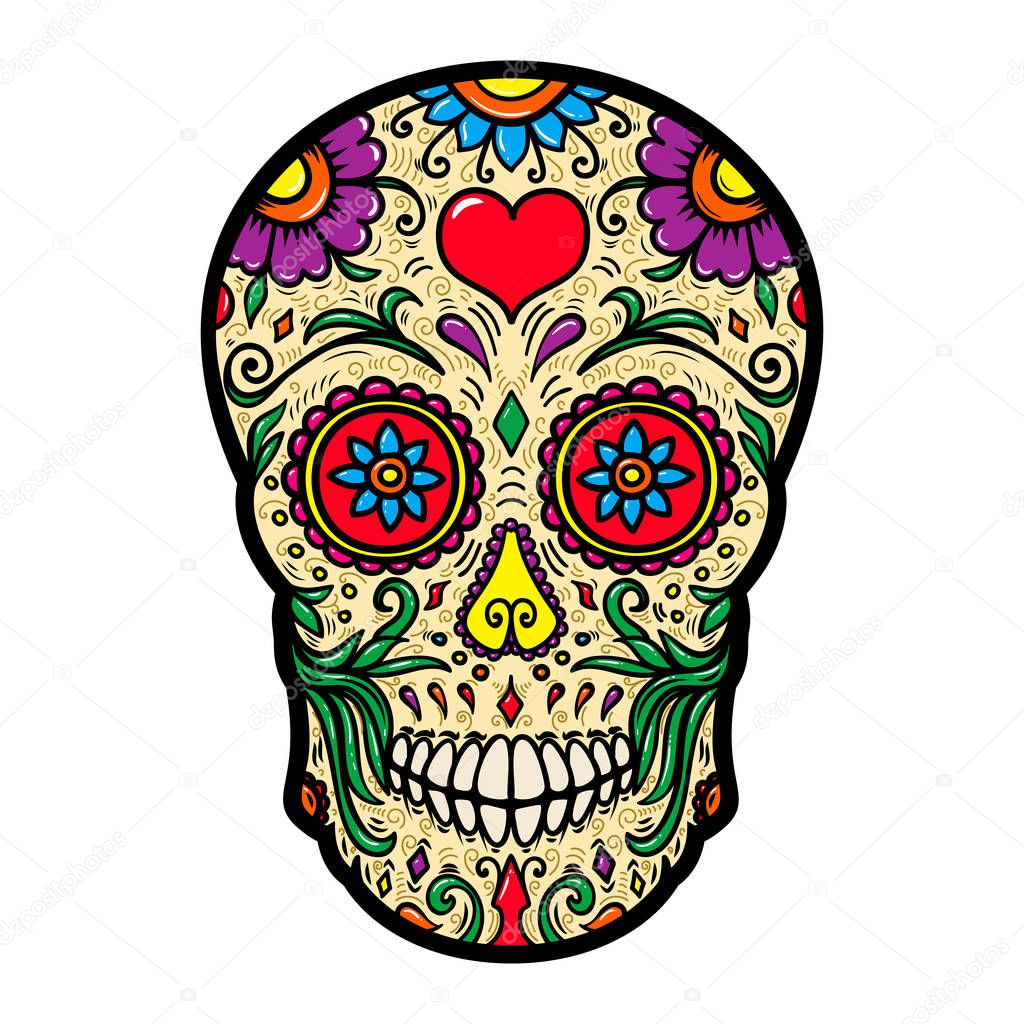 Illustration of mexican sugar skull isolated on white background. Design element for poster, card, t shirt. Vector image